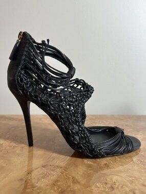 Oscar de la Renta Black Woven Leather Tassel Sandals Ankle Cuff Heels EU 39
